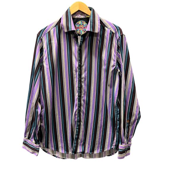Robert Graham Shirt Mens Large Purple Blue Stripe Contrast Sleeve Classic Fit - Picture 1 of 10